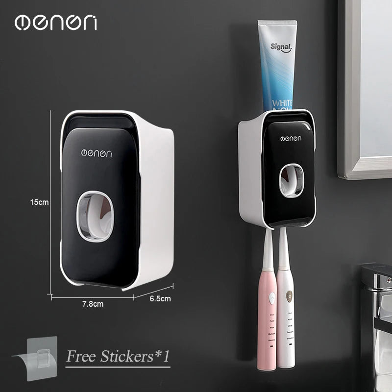 MENGNI Toothpaste Dispenser Wall-Mounted Bathroom Toothpaste Squeezer Punch-Free Toothbrush Holder Rack manual operation