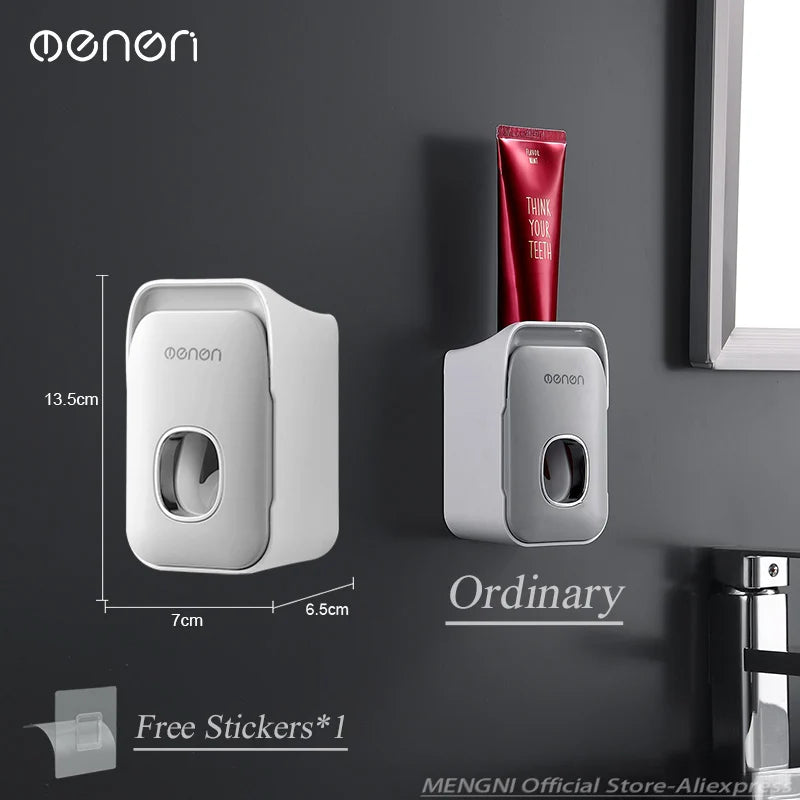 MENGNI Toothpaste Dispenser Wall-Mounted Bathroom Toothpaste Squeezer Punch-Free Toothbrush Holder Rack manual operation