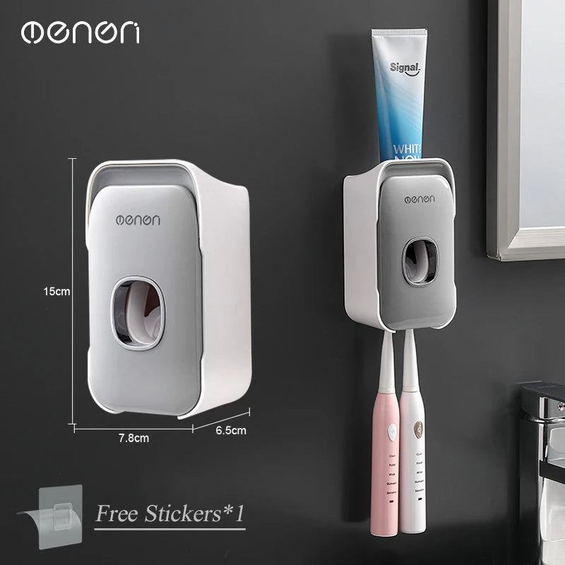 MENGNI Toothpaste Dispenser Wall-Mounted Bathroom Toothpaste Squeezer Punch-Free Toothbrush Holder Rack manual operation