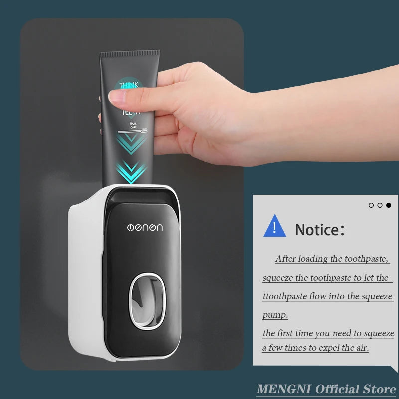 MENGNI Toothpaste Dispenser Wall-Mounted Bathroom Toothpaste Squeezer Punch-Free Toothbrush Holder Rack manual operation