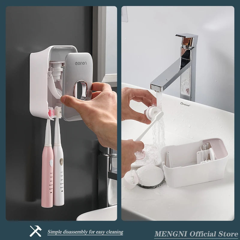 MENGNI Toothpaste Dispenser Wall-Mounted Bathroom Toothpaste Squeezer Punch-Free Toothbrush Holder Rack manual operation