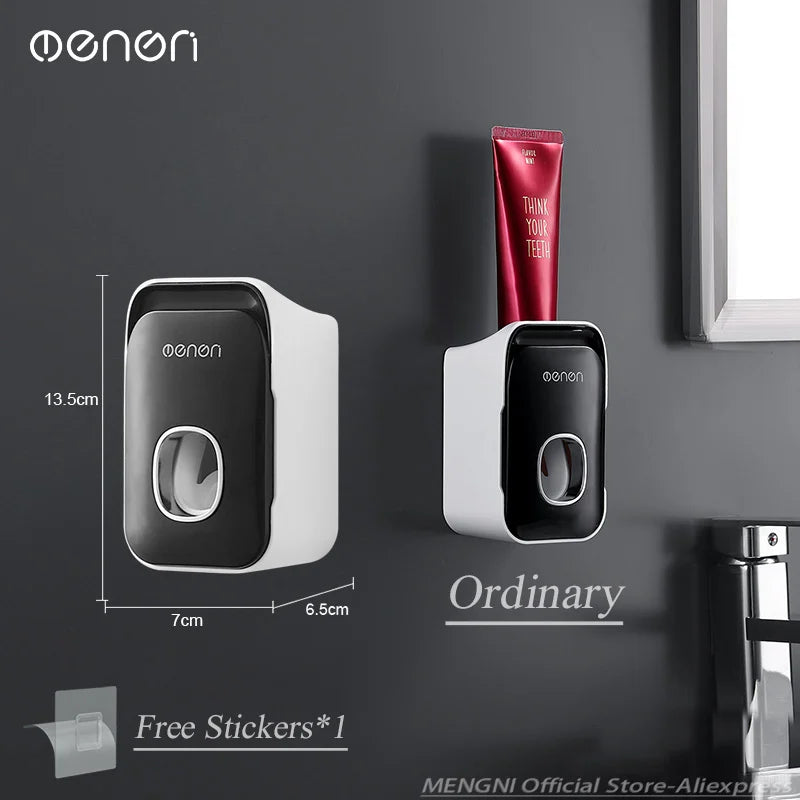 MENGNI Toothpaste Dispenser Wall-Mounted Bathroom Toothpaste Squeezer Punch-Free Toothbrush Holder Rack manual operation