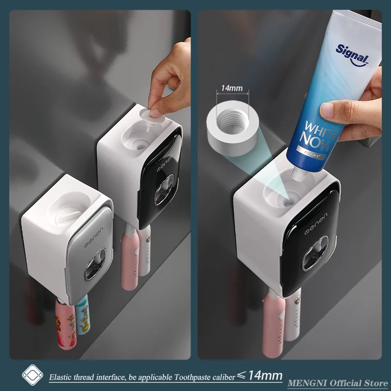 MENGNI Toothpaste Dispenser Wall-Mounted Bathroom Toothpaste Squeezer Punch-Free Toothbrush Holder Rack manual operation